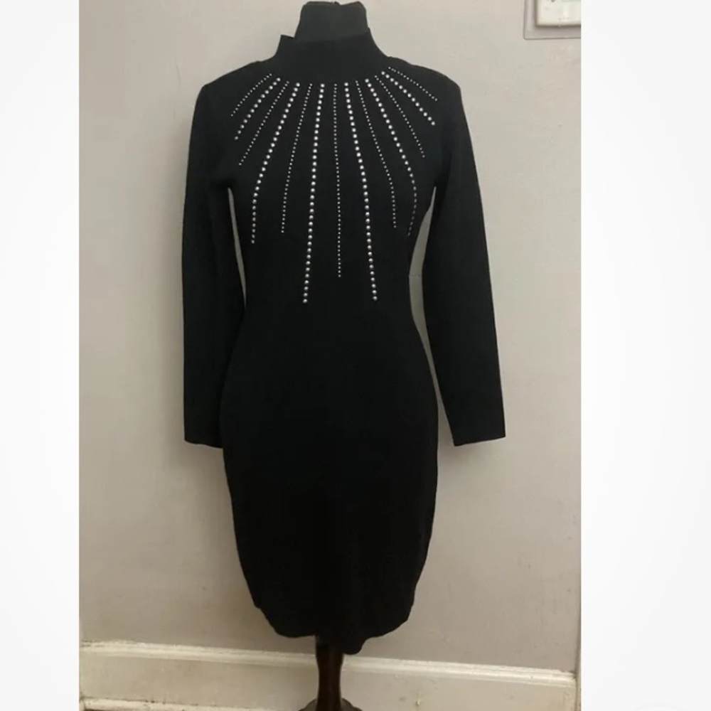 9-27 Nina Leonard Black Sweater dress Mock neck Medium Studs Embellished
